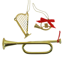 Brass Horns Harp Ornament Lot Christmas Tree Decor Bugel French Horn Gold Vtg - £7.73 GBP
