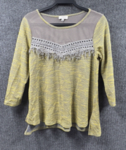 Umgee Mesh Fringe Lace Sweater Womens Small Gray Yellow 3/4 Sleeve Pullover - £20.10 GBP