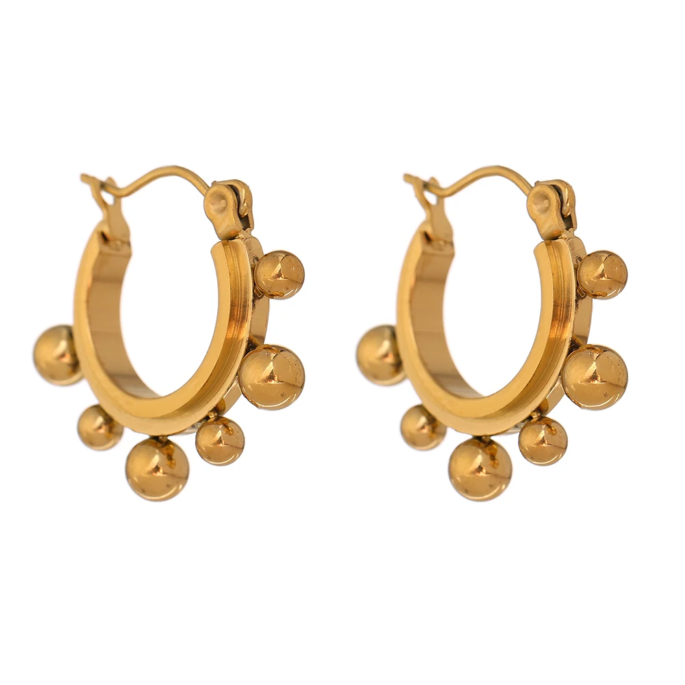 Stainless Steel Round Bead Hoop Earrings Stylish Metalic Gold Color Small Earrin - £12.80 GBP