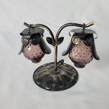 VTG Hobnail Amethyst Glass Metal Hanging Owls on Tree Stand Salt Pepper Shakers - $19.79