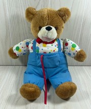 Eden vintage plush talking brown teddy bear polka dots blue overalls red... - $49.49