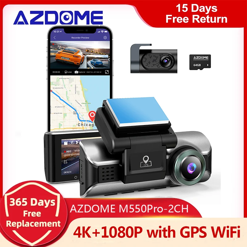 AZDOME M550Pro-2CH Dash Cam 4K Front + 1080 RearCam Car DVR Dual Camera Bulit-in - £114.10 GBP