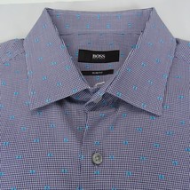 Hugo Boss Shirt Mens 41/16 Blue Dots Button Long Sleeve Cotton Textured - £14.86 GBP
