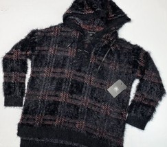 Rock &amp; Republic Furry Hooded Sweater Sz Large Black Plaid Soft Fuzzy Hoo... - £29.22 GBP