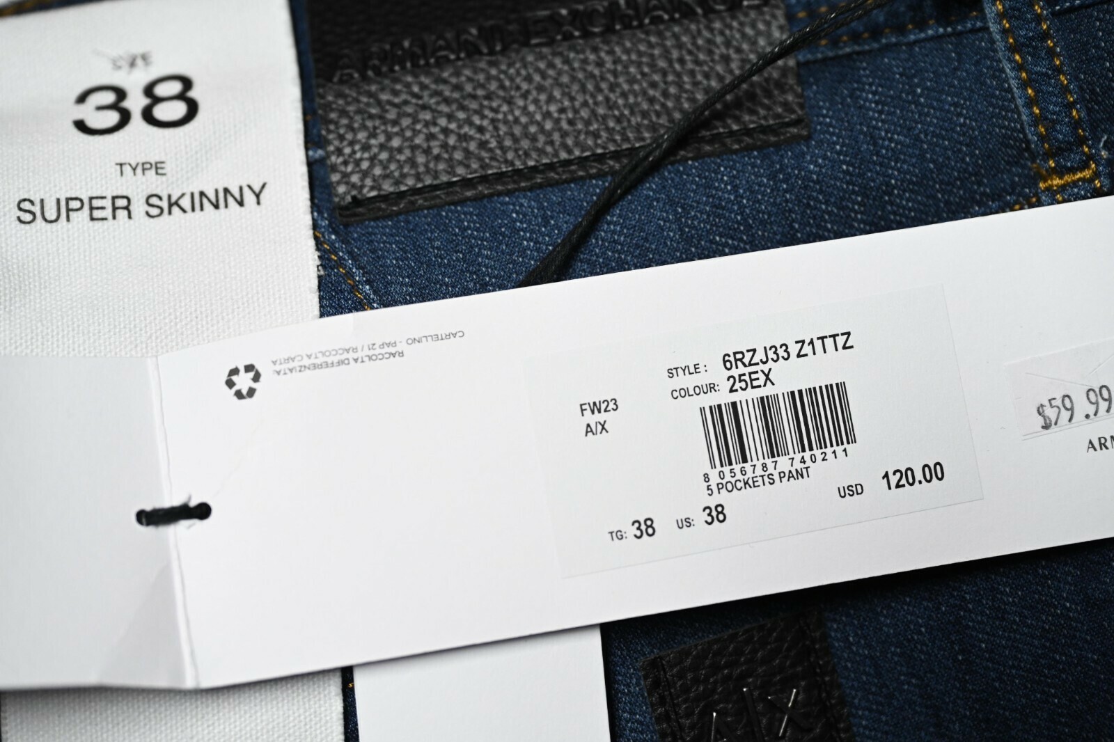 Armani Exchange A|X J33 Men's Super Skinny Blue Stretch Cotton Denim Jeans 34 Item image 9