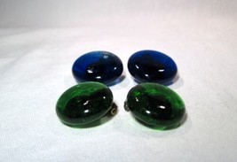Vintage Green &amp; Cobalt Blue Glass Ladies Costume Clip-On Earrings -2 Pairs -K613 - £38.77 GBP
