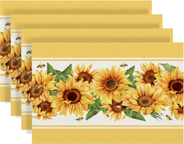 Linen Watercolor Sunflower Placemats Set of 4 Spring Table Mats Spring Farmhouse - £16.92 GBP