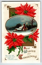 Christmas Postcard International Arts Poinsettias Cottage Moon 1316 Germany - £12.33 GBP