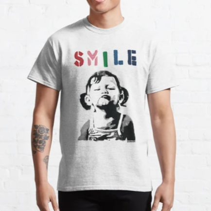 Banksy graffiti Quote SMILE with girl not smiling Girl  T-Shirt - £15.34 GBP
