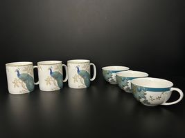 222 Fifth SET of 6 Ceramic 3 Over-sized Mugs Peacock Garden 3 Bowls Eliz... - $44.52