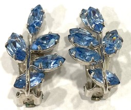 Vintage Wiesner Silver-Tone and Blue Rhinestone Leaf Clip On Earrings - £11.20 GBP