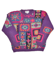Carolyn &amp; Co Floral Sweater Womens L Crewneck Chunky Ramie Knit Purple P... - £18.80 GBP