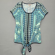 Roz&amp;Ali Women Shirt Size M Blue Stretch Boho Stripe Short Sleeves Scoop Neck Tie - £9.84 GBP