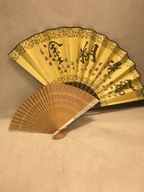Vintage 2 oriental folding hand fans asian cloth wood 22 and 12 inch - £30.85 GBP