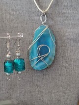 Agate Slice Pendant Wire Wrapped and Dangle Earring Set Teal - £20.78 GBP