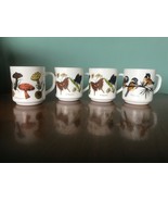 4 Vintage Arcopal Milk Glass Mugs Carman France MUSHROOM BUTTERFLY CHICK... - £66.21 GBP