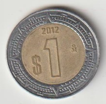 2012 Mexico $1 Peso Bimetallic aluminium bronze in stainless steel ring ... - $1.89