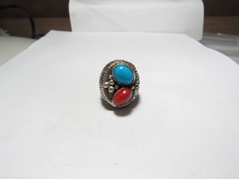 Men&#39;s Native American Sterling Silver Ring with Blue Turquoise and Coral by Nava - £100.53 GBP