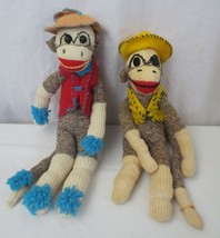 2 Vtg Handmade Circus Sock Monkeys Red Heel Vests Hats 15&quot; Personality + - £35.44 GBP
