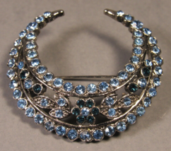 Pin-Brooch Crescent Vintage Bright Blue Rhinestones 3 rows Flower 1.5&quot;. - £18.14 GBP