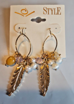 Style Brand French Wire Dangle Earrings Gold Tone Feathers &amp; Beads - $15.47