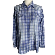 Wrangler Pearl Snap Western Shirt M Blue Metallic Plaid Pockets One Point Yoke - £14.51 GBP