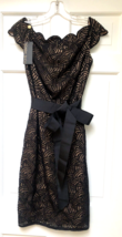 NWT Tadashi Shoji 6 Black Geo Lace Scallop Edge Neckline Nude Underlay Tie Dress - £135.44 GBP