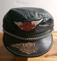 Vintage 70’s Harley Davidson Small fitted  leather captain cap hat black... - $59.39
