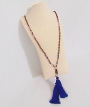 French Connection Gold Tone Natural Stone Blue Tassel Necklace E720 - $17.27