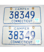 VINTAGE PAIR- CONNECTICUT CAMPER ‘38349’ LICENSE PLATES1980 STICKERS-BLUE+WHITE  - $14.85