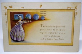 Christmas Postcard Victorian Women Holds Dinner Plate Old Fashioned Whitney 1917 - £7.91 GBP