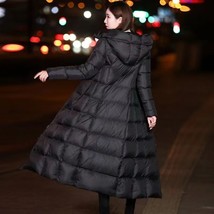 Women&#39;s winter knee length cotton coat, pure black fluffy down long cotton coat, - £42.84 GBP