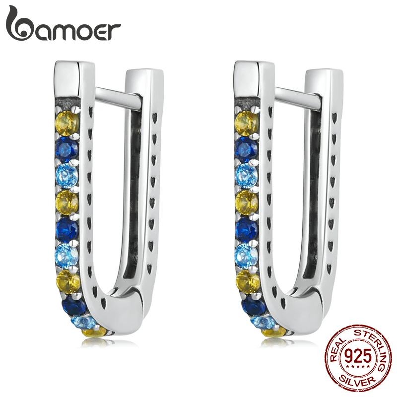 Genuine 925 Sterling Silver Dazzling Zirconium U-shaped Hollow Ear Buckles for W - $24.85