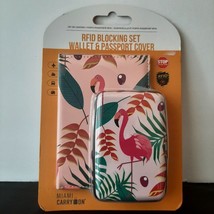 Wallet &amp; Passport Cover RFID Blocking Set Miami Carry On Flamingos Pink Tropical - $13.99