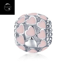 Genuine Sterling Silver 925 Lots Of Love Heart Bead Charm With Pink Enamel - £14.68 GBP