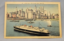 Lower New York Skyline City River Steamboat Scenic Linen Postcard 1939 P... - $4.04 CAD