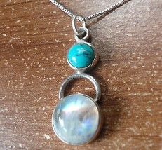 Turquoise and Rainbow Moonstone Pendant 925 Sterling Silver Round a200i - £10.78 GBP