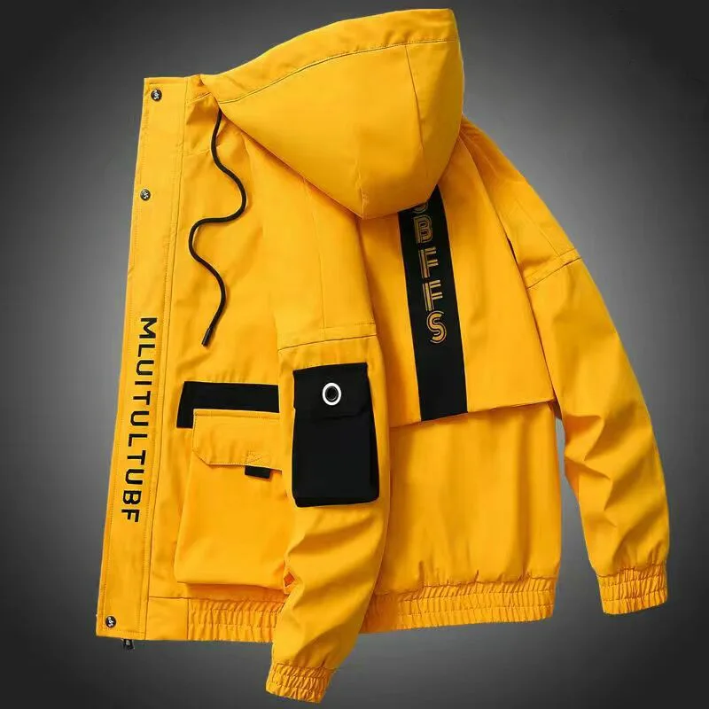  Men Casual Jacket  Winter New Mens Harajuku Cargo Jackets Loose Print Hooded Co - £134.16 GBP