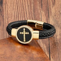 Trendy Jesus Charm Cubic Zirconia Men Bracelet Round Natural Stone Black Leather - £25.85 GBP