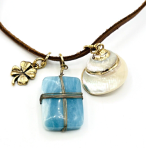 Brown Suede Larimar Stone Shell Lucky Clover Charm Pendant Necklace - £17.40 GBP