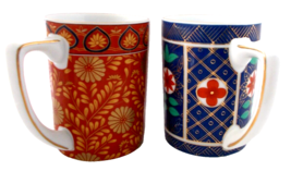 Lot 2 NEIMAN MARCUS Coffee Tea Cup Mug Gold Trim Geometric Floral Patterns - £11.72 GBP