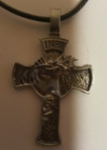 Jesus Christian Cross With Black Leather Necklace  ( with magnetic clasp added ) - £16.20 GBP