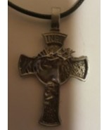 Jesus Christian Cross With Black Leather Necklace  ( with magnetic clasp... - £16.21 GBP