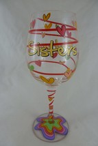 Hand Painted Wine Glass Sisters with hearts - $14.84