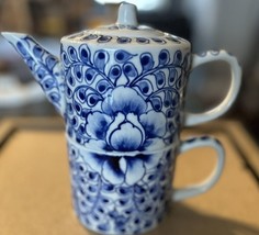 TEA FOR ONE Teapot &amp; Cup STACKABLE  2 Pc Set-teacup &amp; teapot, blue flowers - £7.52 GBP