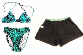 Sia 3-pc Turquoise &amp; Brown Floral Halter Bikini w/Shorts Size 8 Top/12 Bot NWT - £52.77 GBP
