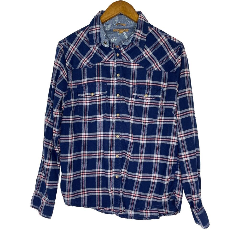Jachs Girlfriend Bea Blue Plaid Long Sleeve Snap Button Shirt Size Mediu... - $14.40