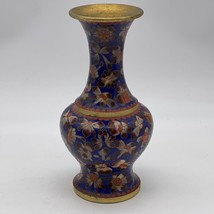 Cloisonné Vase Enameled Blue Orange Floral 8” Small Vintage - £47.38 GBP