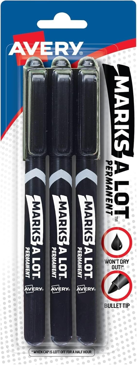AVERY 3 Pack Marks-A-Lot Permanent Markers Pen-Style Size Bullet Tip Bla... - $9.97
