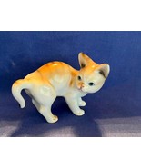 Vintage Small 3&quot; Bone China Cat Tan White Striped Blue Eyes Taiwan - $188.16 MXN